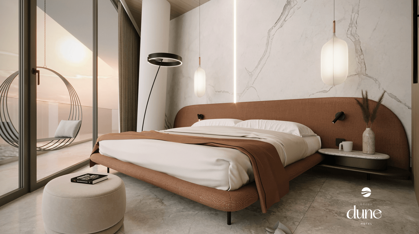 Dune Hotel: wnetrze pokoju hotelowego z widokiem na morze