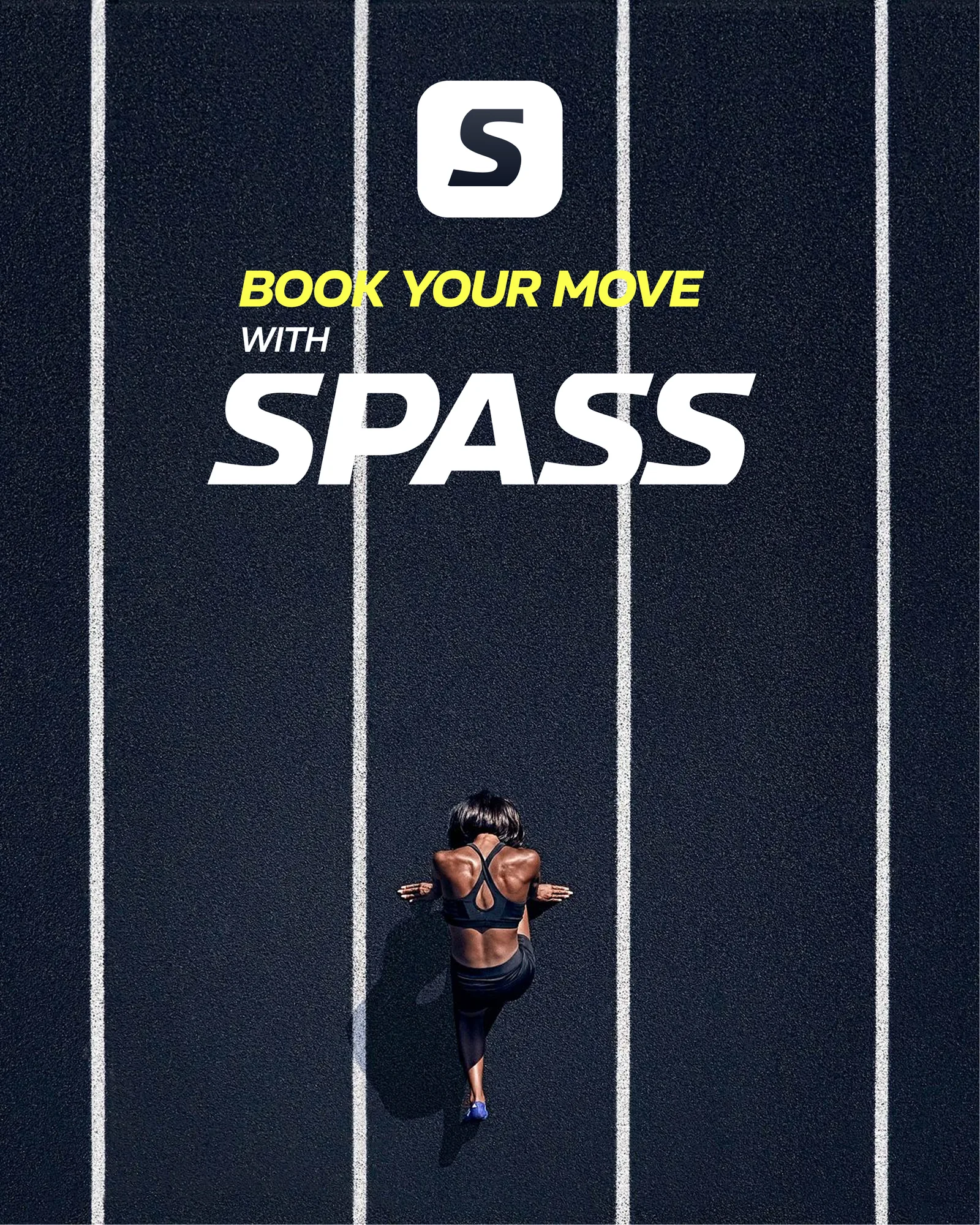 SPASS: plakat Book your move z biegaczką na bieżni